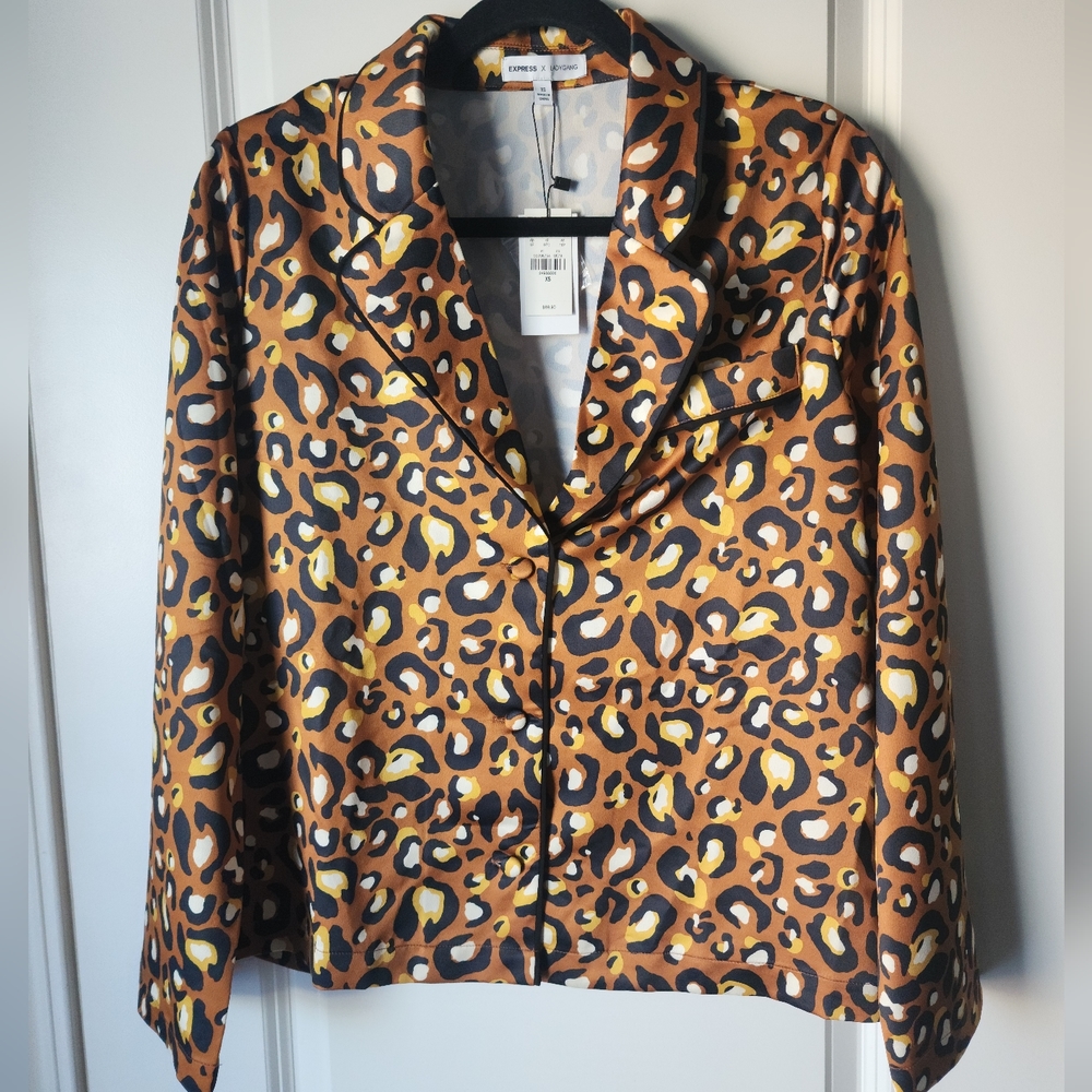 Express Leopard Print Satin Pajama Top - Brown, Black, Yellow